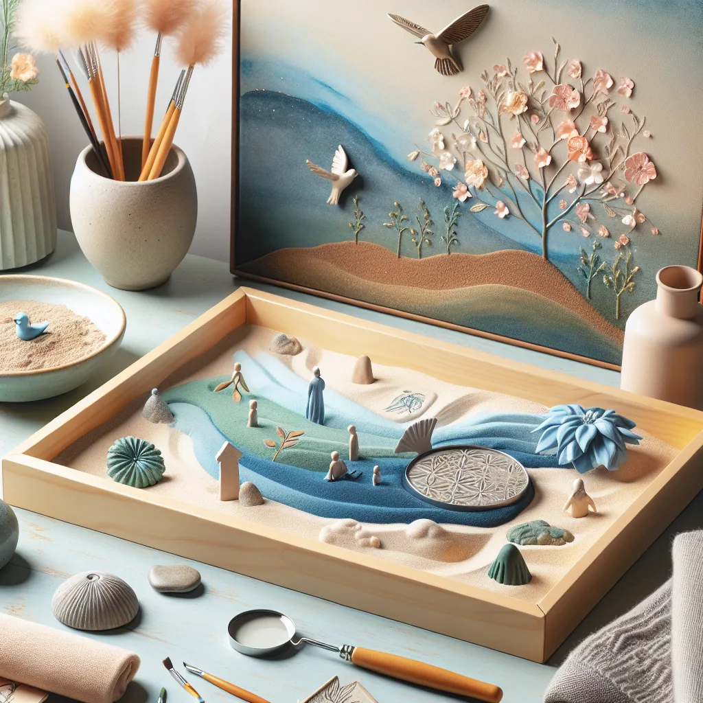 Therapeutic tools like a sandtray with miniature figures or a peaceful therapy setting, depicting emotional healing and mental health. Include calming colors, a creative workspace, or symbolic representations of healing and growth in therapy.